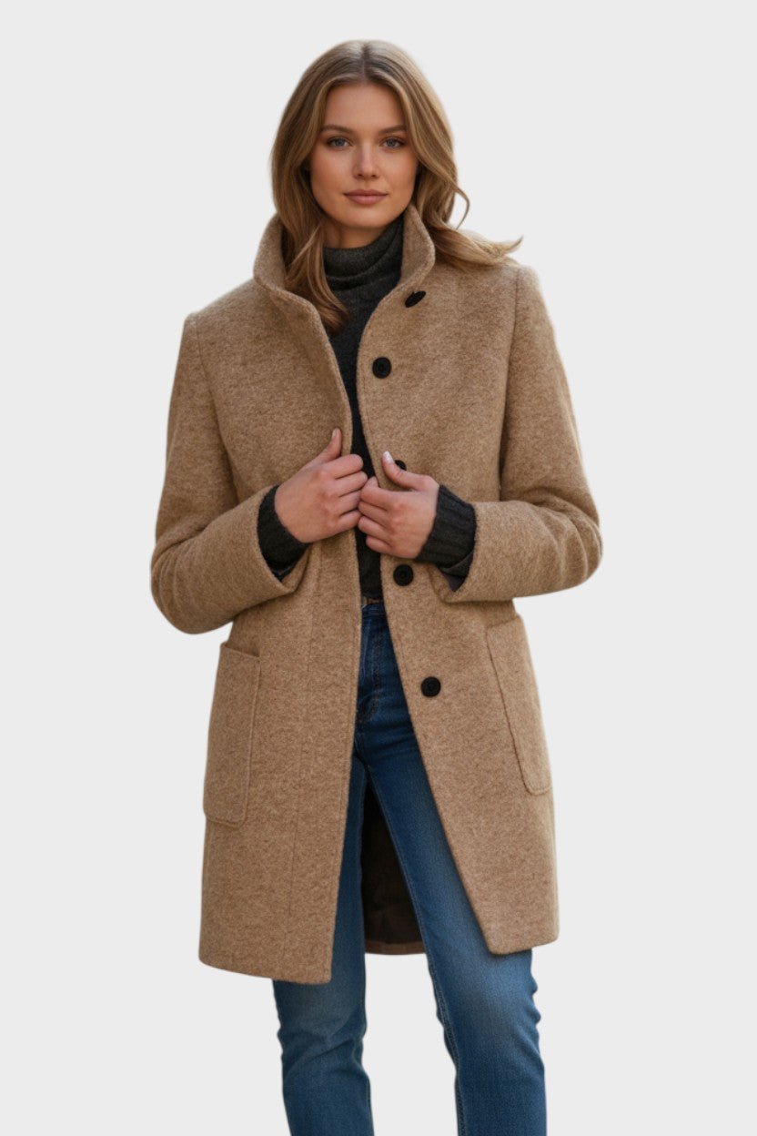 Tailored Wool Blend Coat with Stand Collar and Button Front