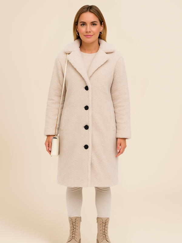 Long Teddy Wool Blend Coat with Button Closure