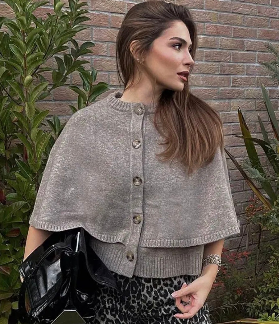 Button-Front Knit Cape Sweater