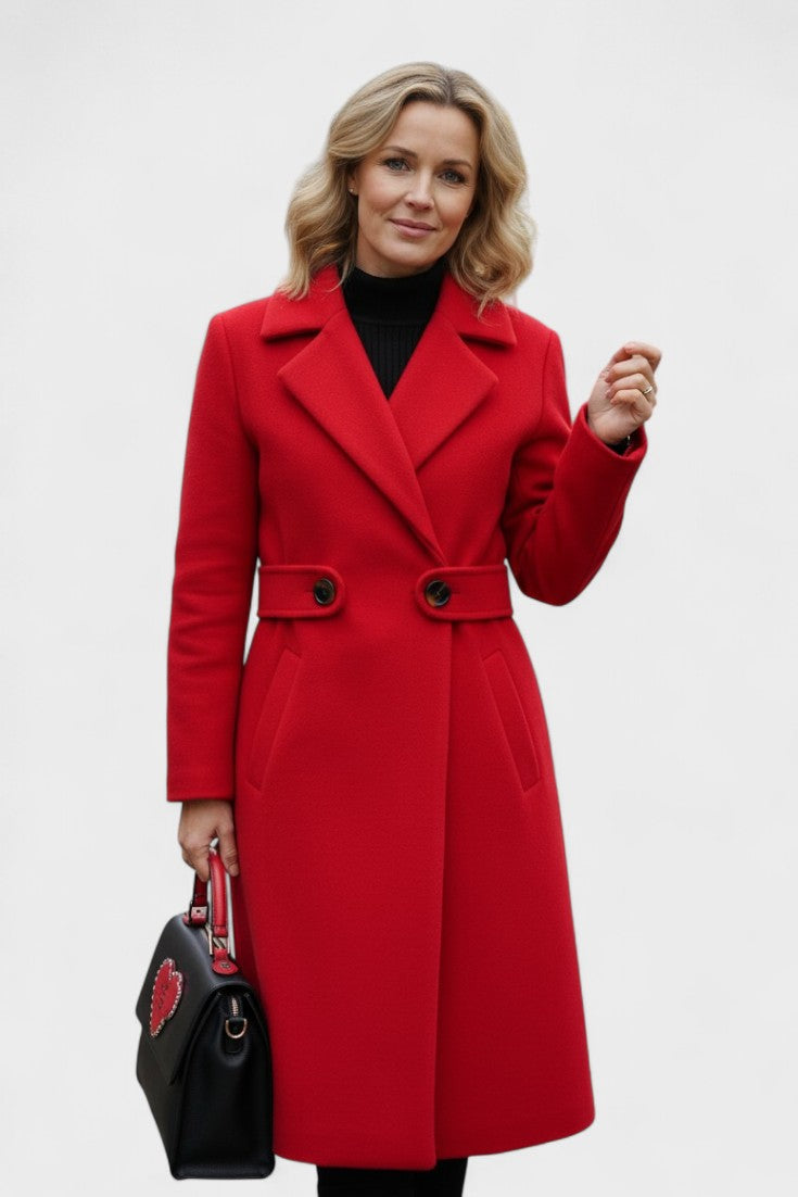 Tailored Wool Blend Coat with Belted Waist and Notched Lapel