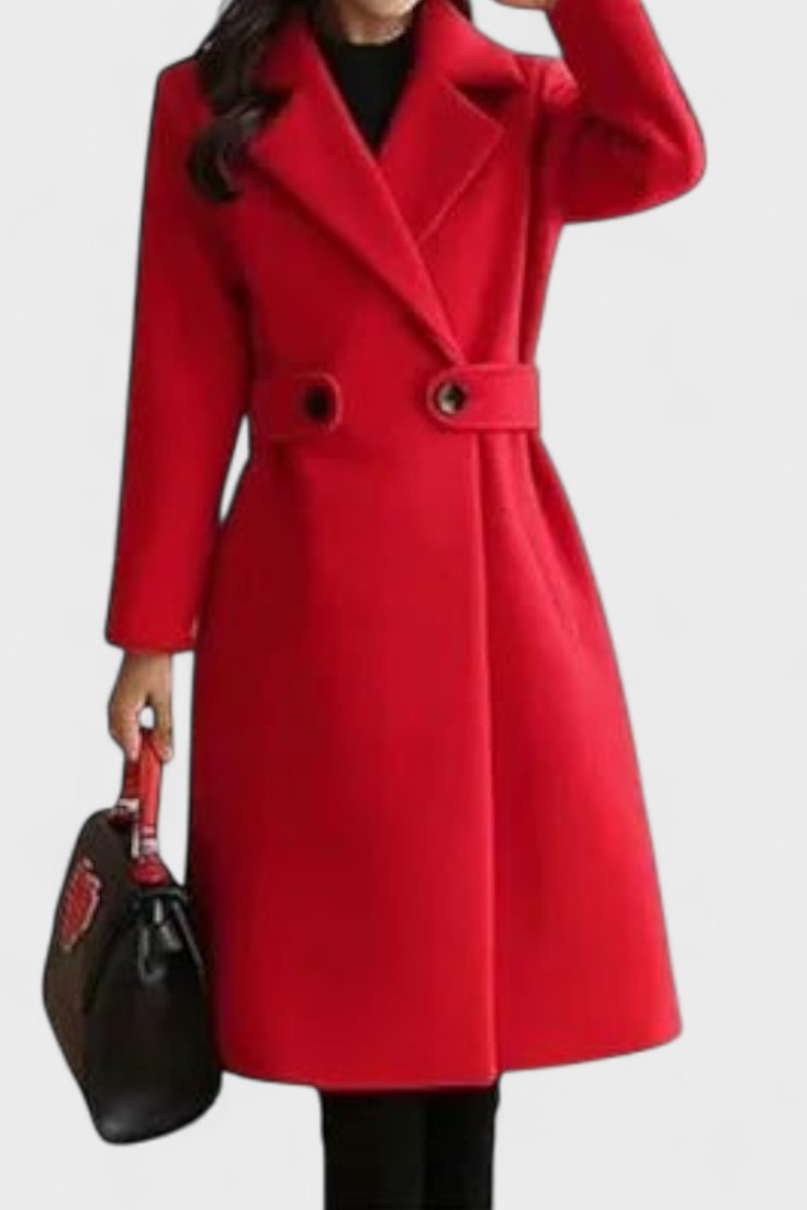 Tailored Wool Blend Coat with Belted Waist and Notched Lapel