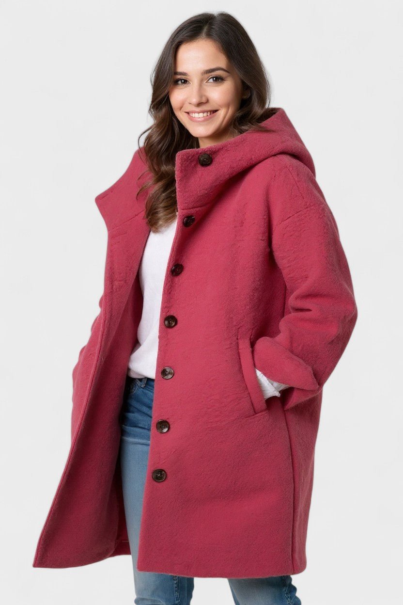 Button Front Hooded Mid-Length Winter Coat