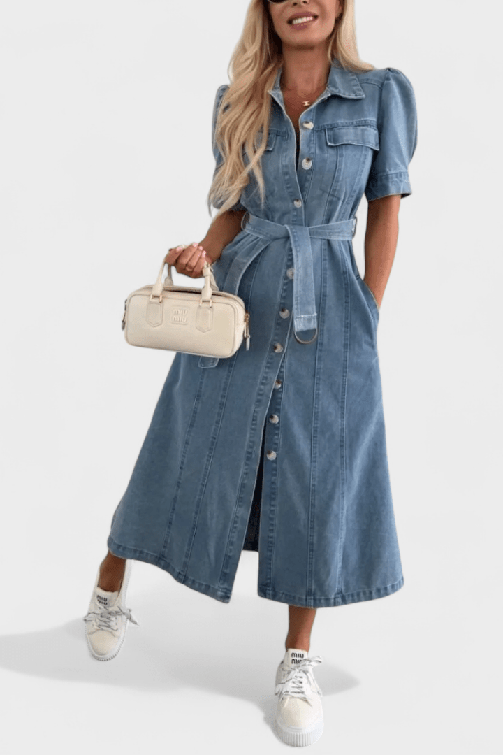 Button Front Denim Maxi Dress with Belted Waist and Front Slit