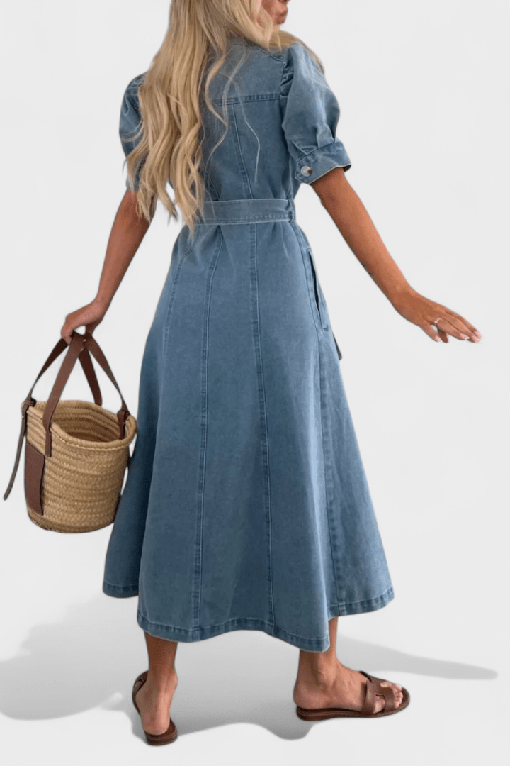 Button Front Denim Maxi Dress with Belted Waist and Front Slit