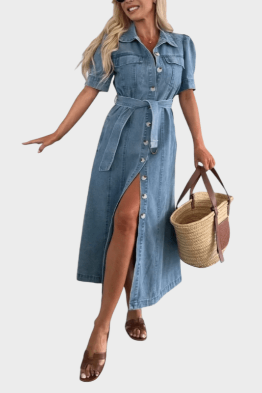 Button Front Denim Maxi Dress with Belted Waist and Front Slit