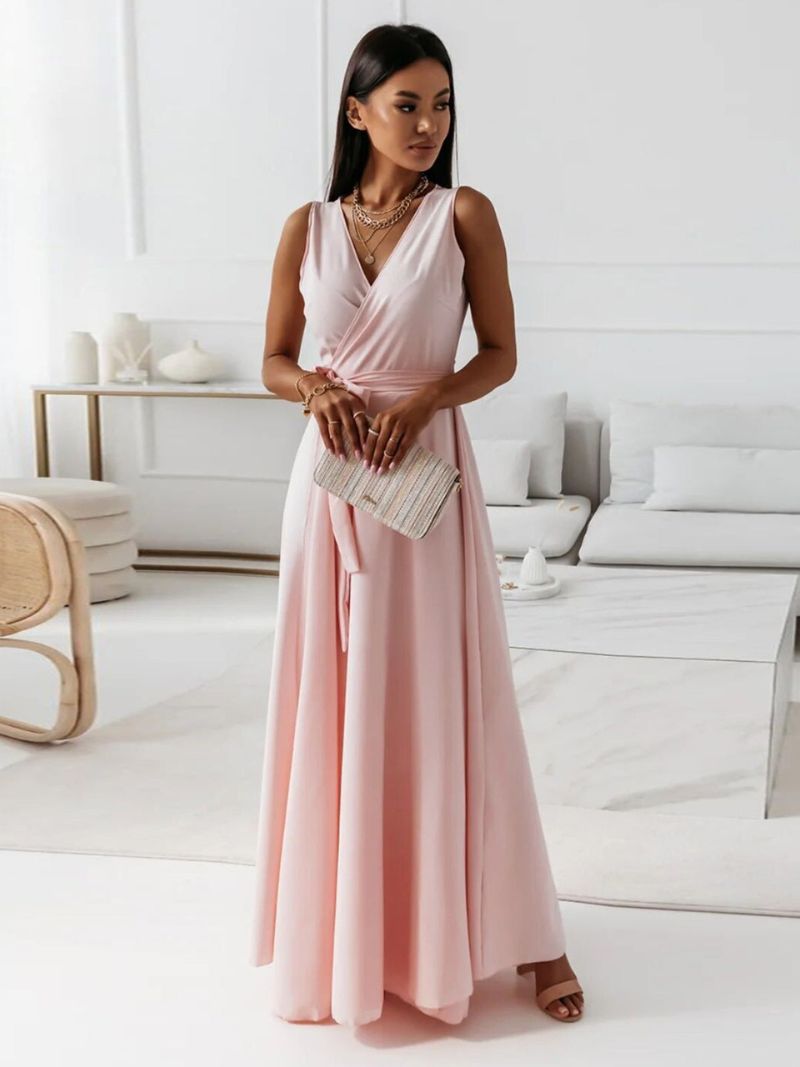 Elegant Sleeveless V-Neck Maxi Evening Dress with Flowing Skirt