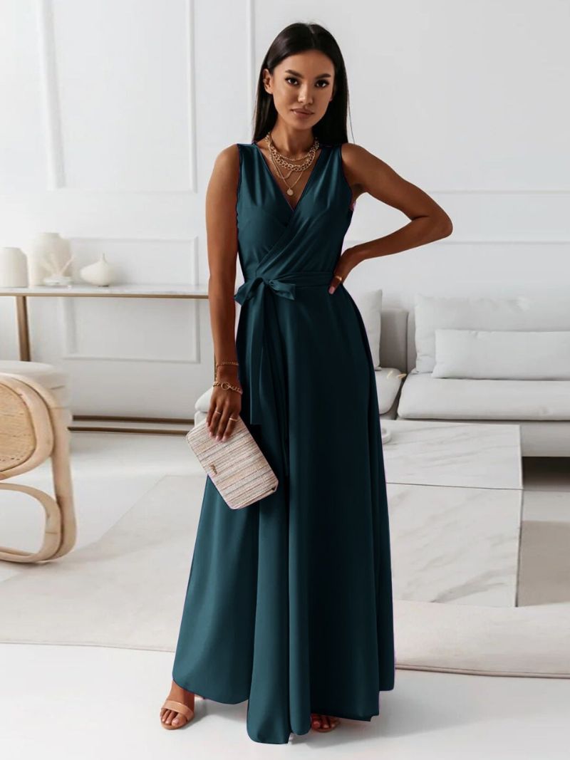 Sleeveless Draped V-Neck Maxi Dress with Flowing Skirt