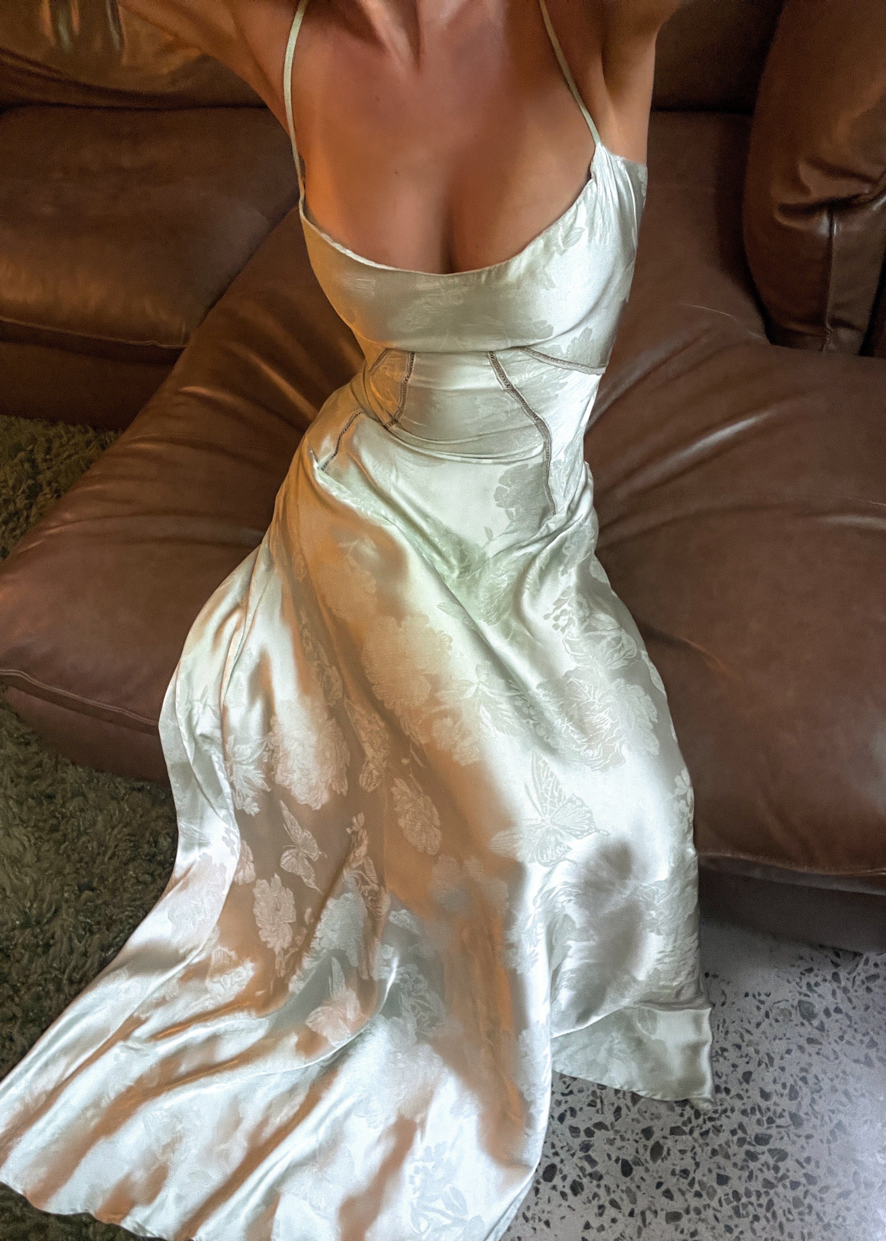 Satin Corset-Back Maxi Dress with Cowl Neck