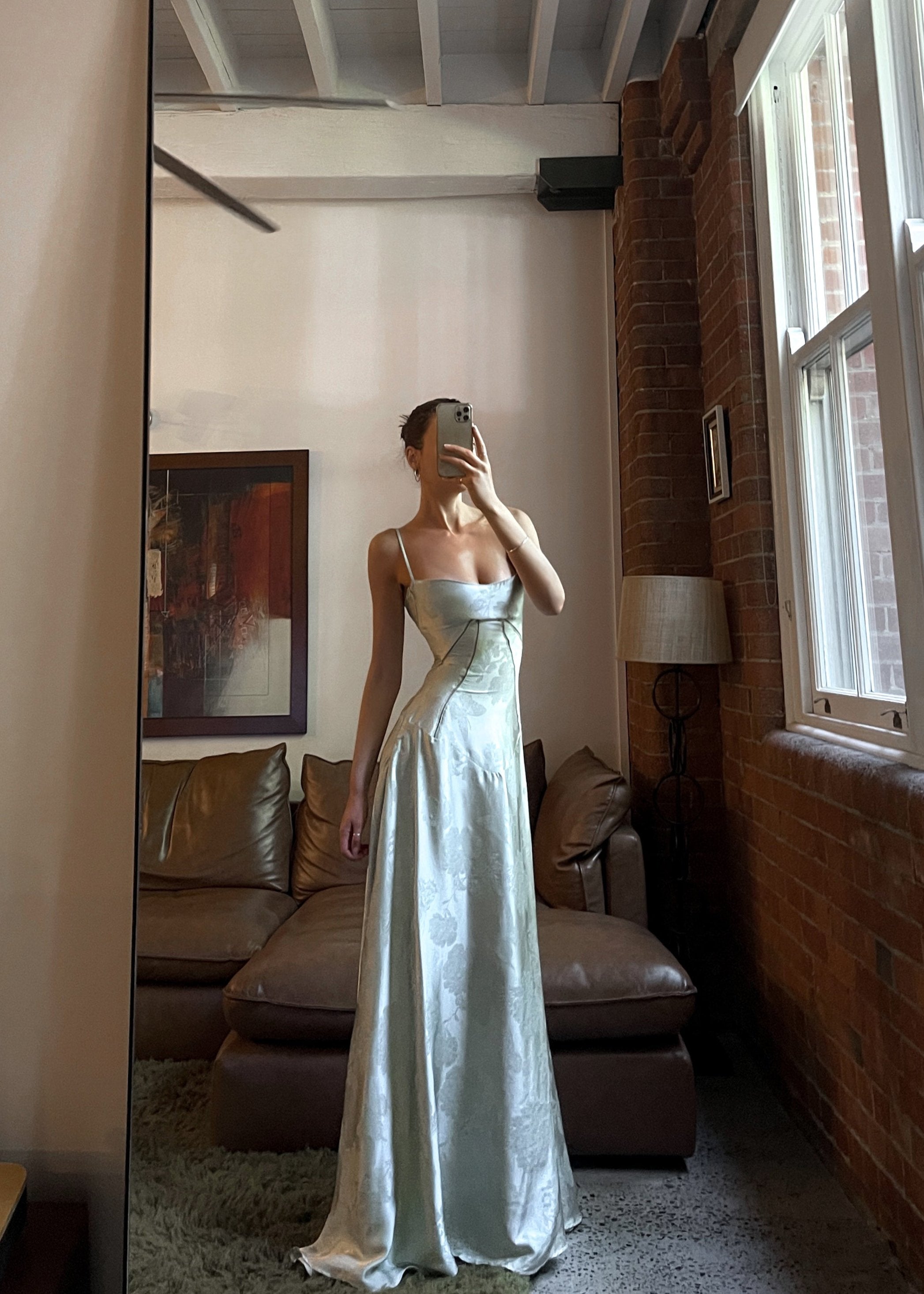 Satin Corset-Back Maxi Dress with Cowl Neck