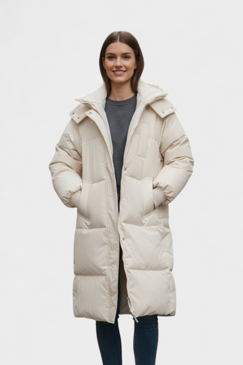 Longline Insulated Puffer Coat with Hood and Snap Button Closure