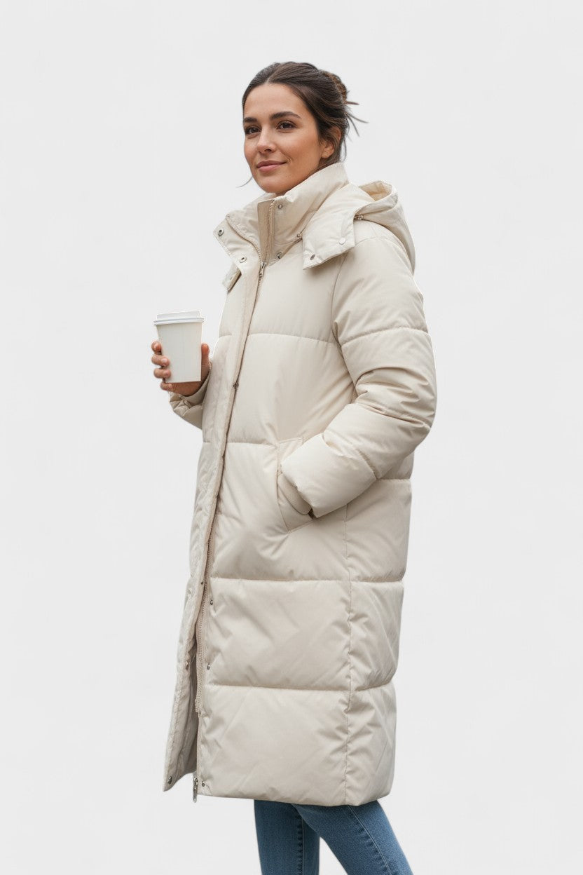 Longline Insulated Puffer Coat with Hood and Snap Button Closure
