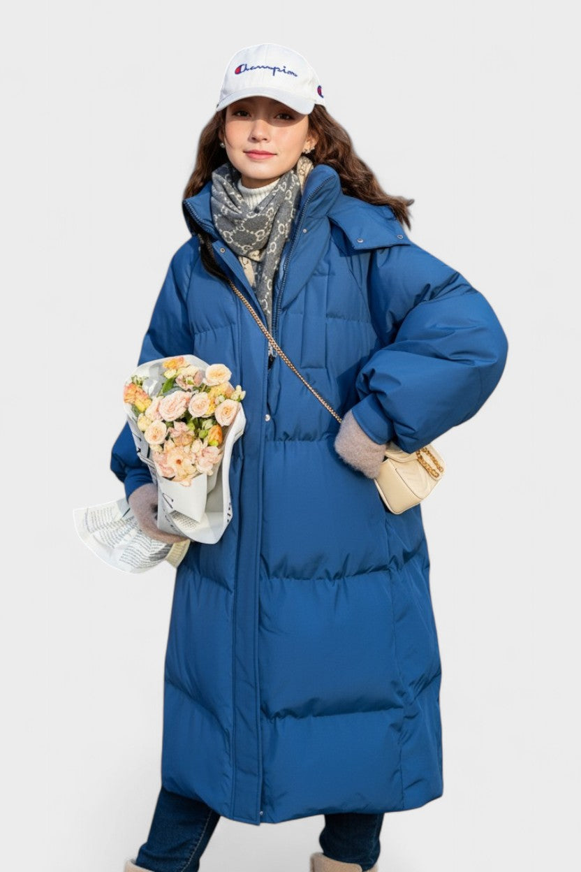 Longline Insulated Puffer Coat with Hood and Snap Button Closure