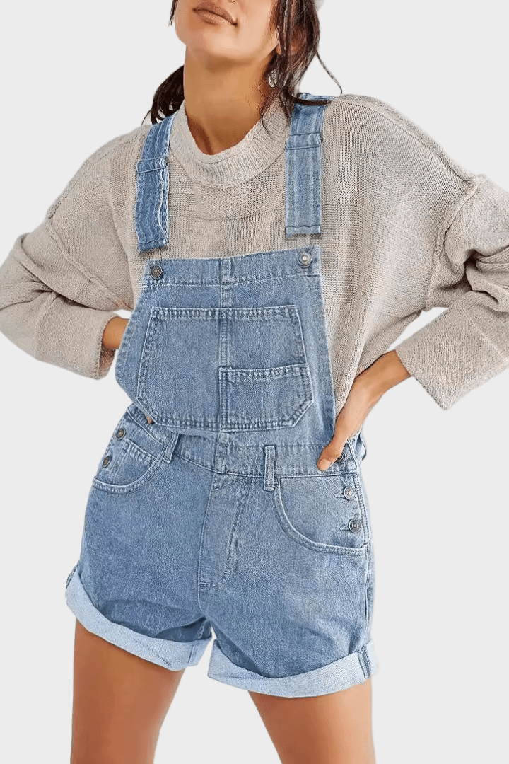 Classic Denim Short Overalls with Adjustable Straps and Front Pocket