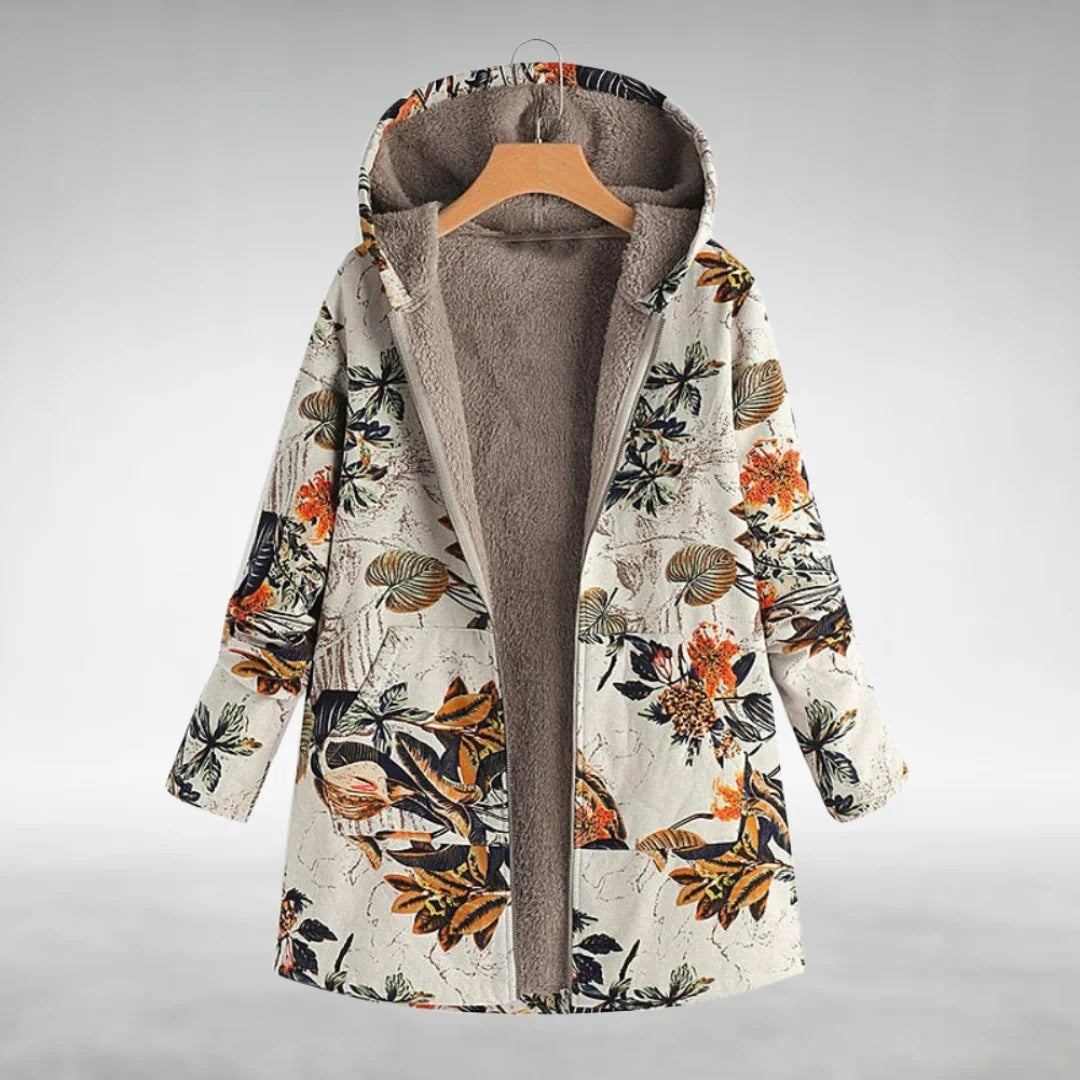 Floral Print Fleece-Lined Hooded Jacket