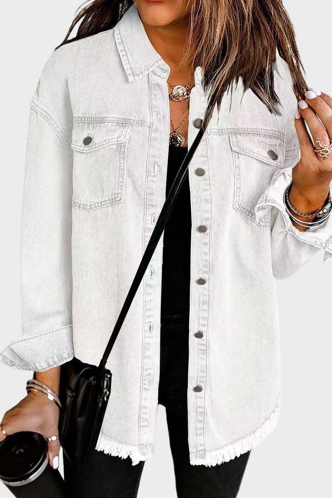 Relaxed Button Front Denim Shirt Jacket with Raw Hem Detail