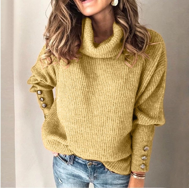Cozy Cowl Neck Knit Sweater – Soft Button-Sleeve Pullover for Effortless Style
