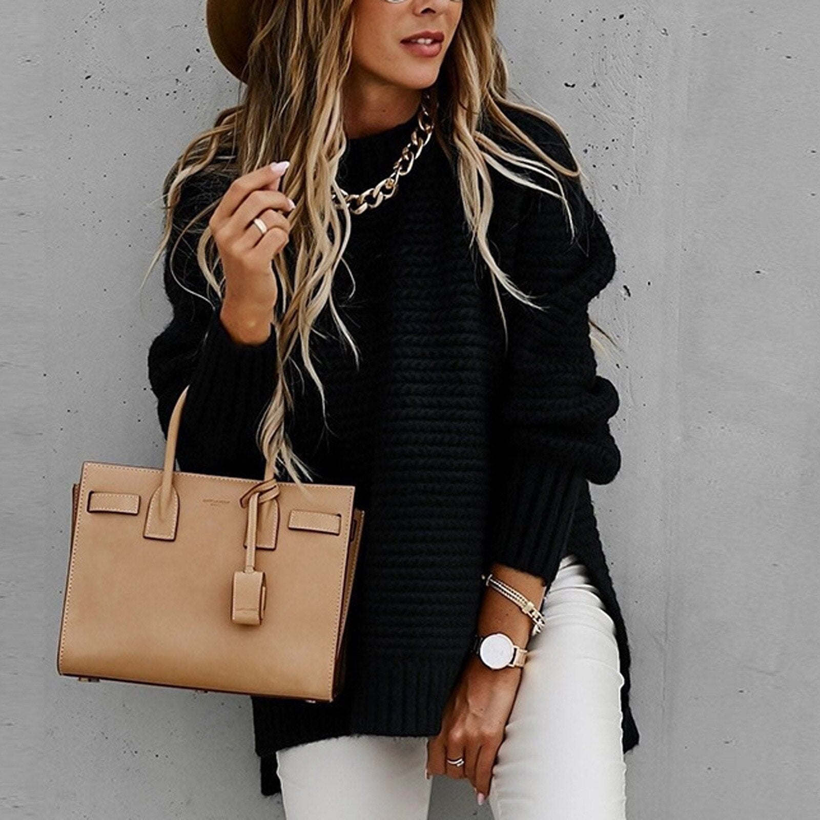 Chunky Knit Oversized Sweater – Cozy High-Neck Tunic for Effortless Everyday Style