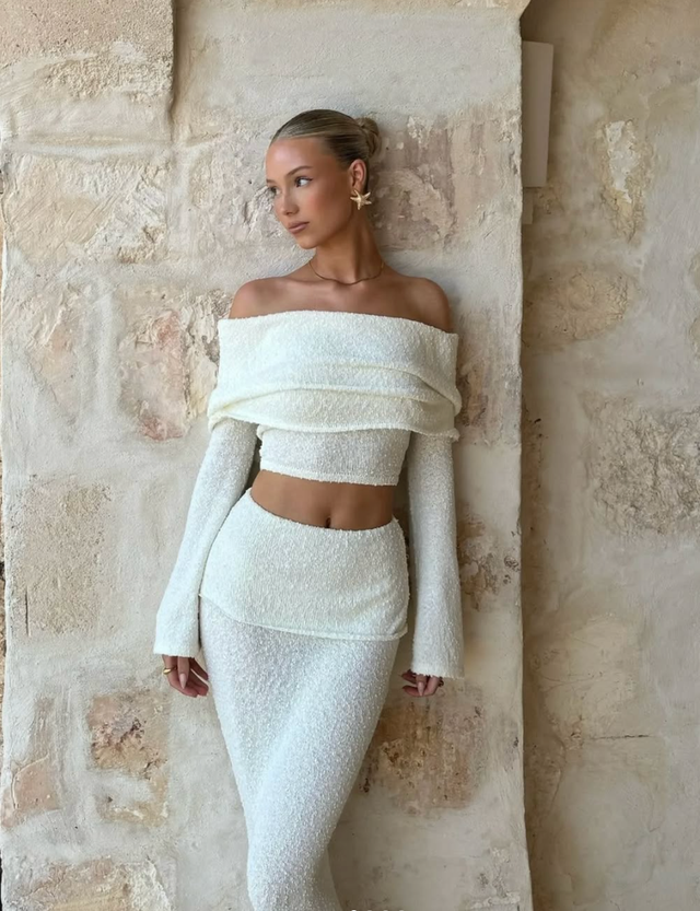 Off-Shoulder Knit Two-Piece Maxi Set