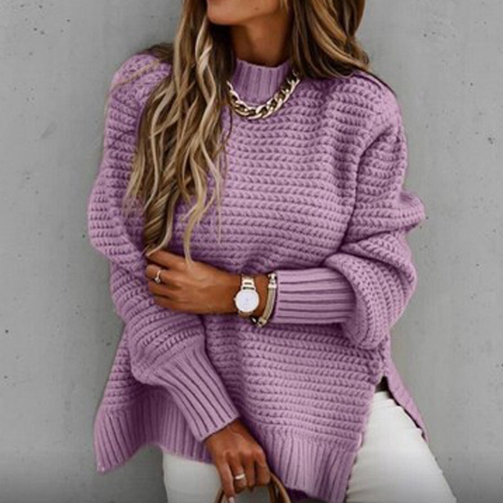 Chunky Knit Oversized Sweater – Cozy High-Neck Tunic for Effortless Everyday Style