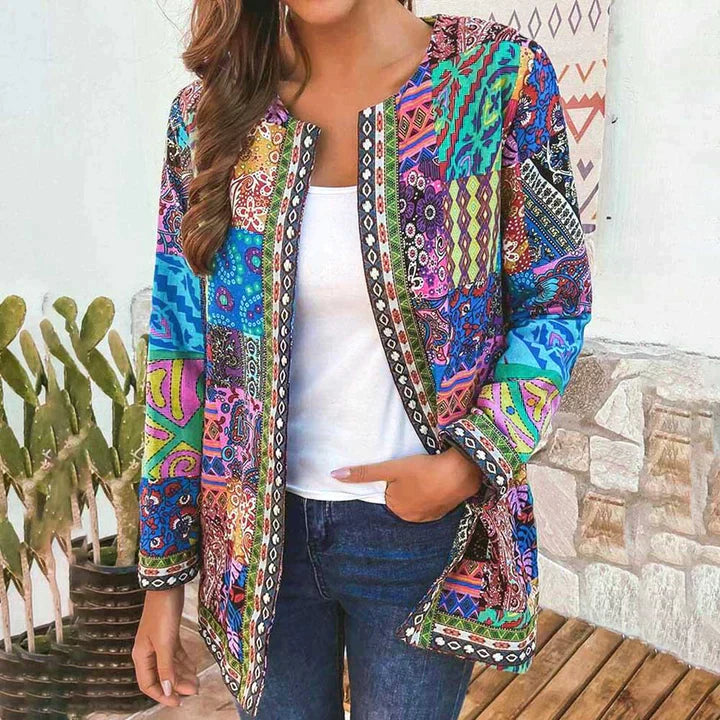 Boho Patchwork Print Open Front Jacket