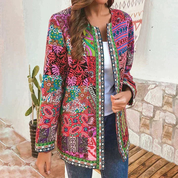 Boho Patchwork Print Open Front Jacket