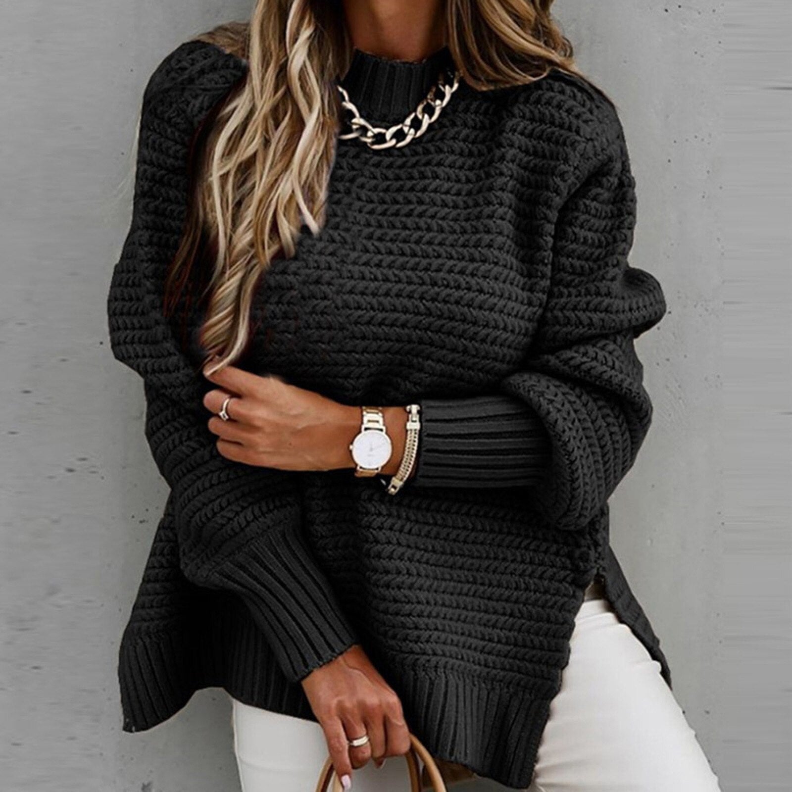Chunky Knit Oversized Sweater – Cozy High-Neck Tunic for Effortless Everyday Style