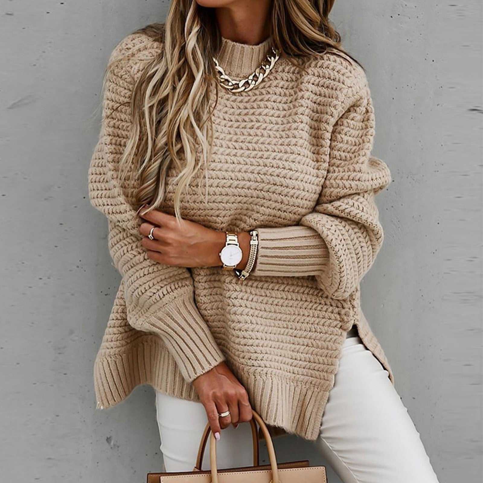 Chunky Knit Oversized Sweater – Cozy High-Neck Tunic for Effortless Everyday Style