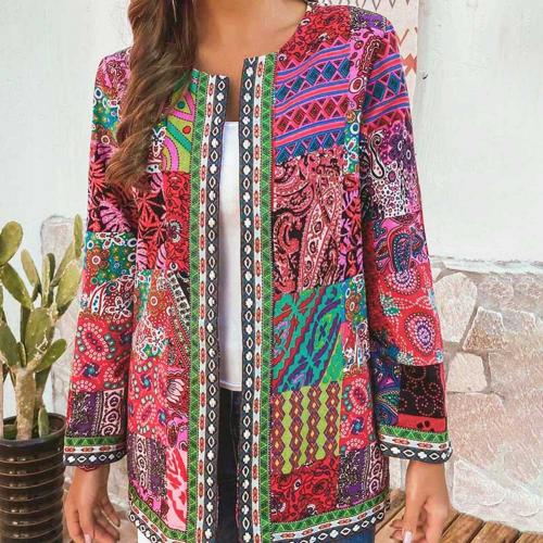 Boho Patchwork Print Open Front Jacket