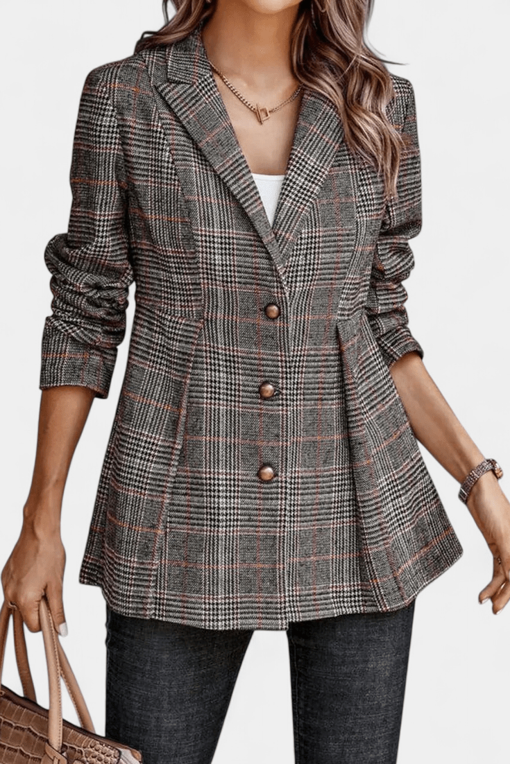 Tailored Plaid Blazer with Button Front and Structured Fit