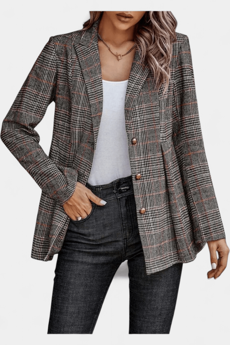 Tailored Plaid Blazer with Button Front and Structured Fit