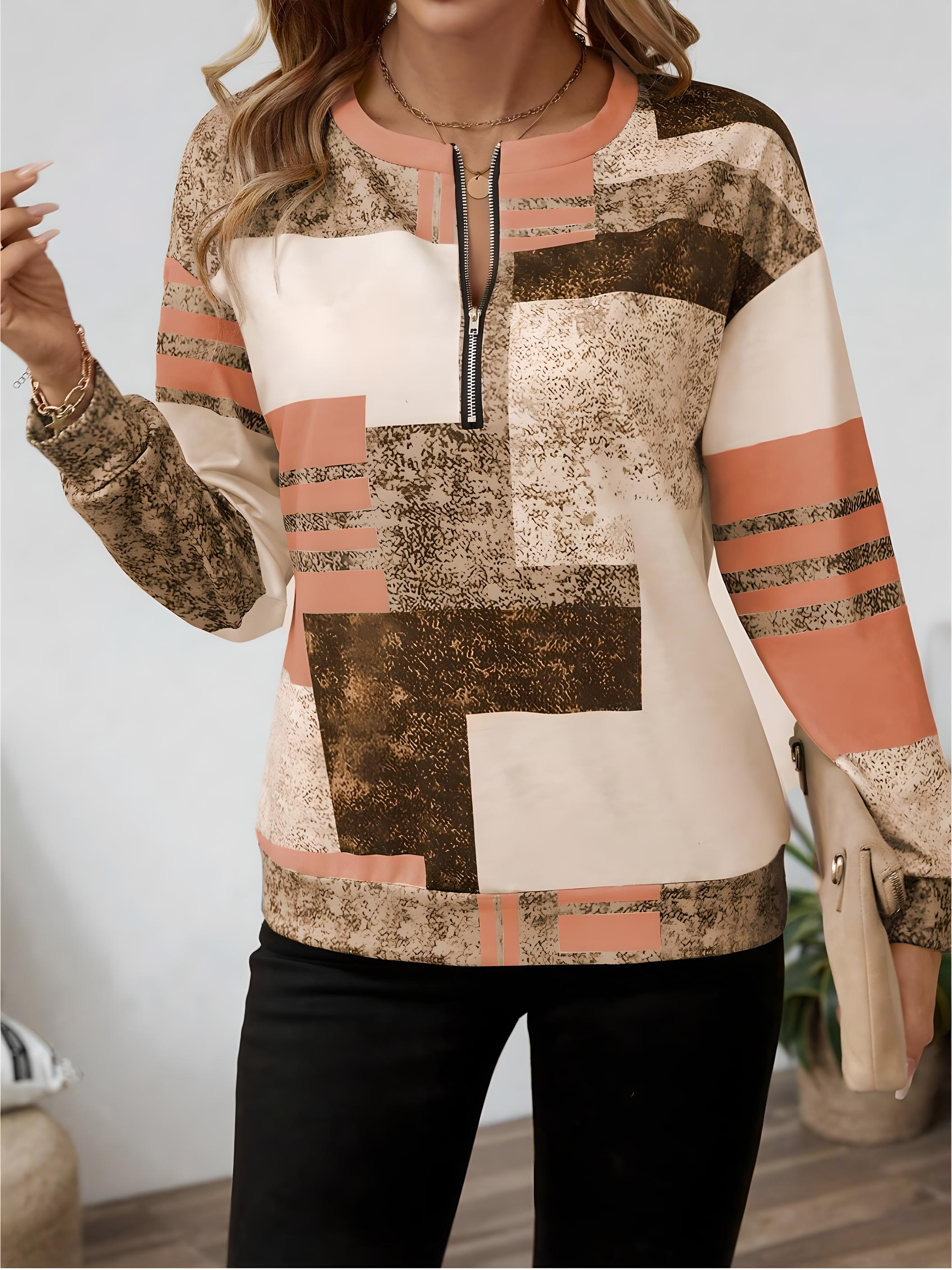 Abstract Print Zip Neck Top for Modern Everyday Style