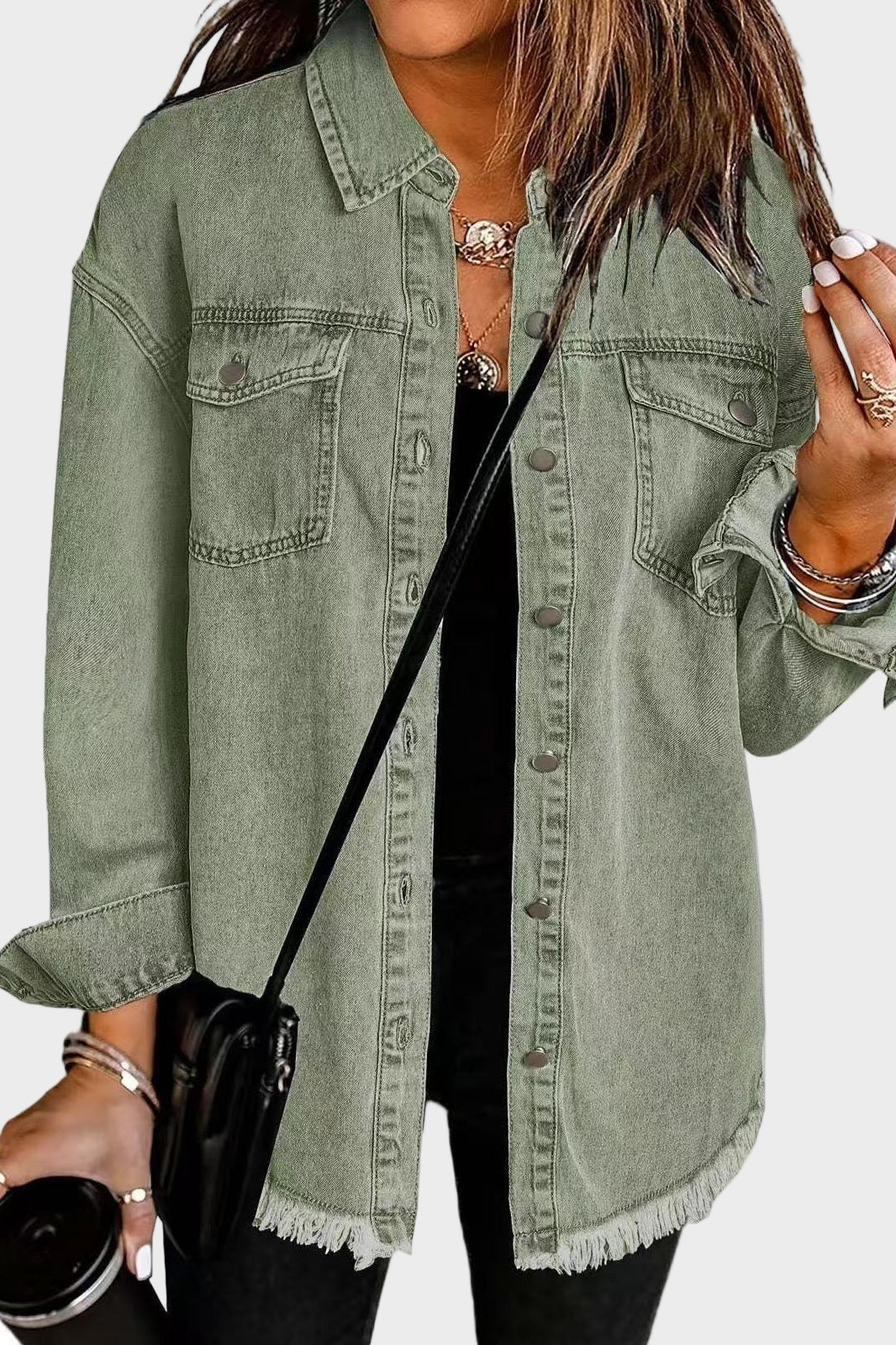 Relaxed Button Front Denim Shirt Jacket with Raw Hem Detail
