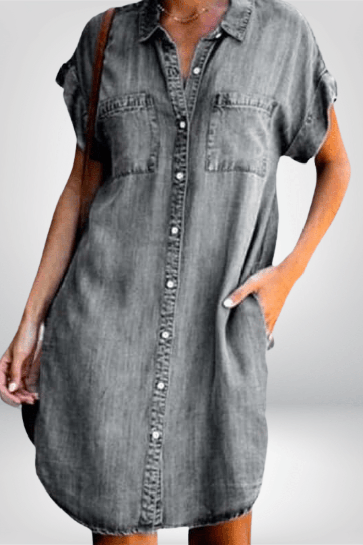 Relaxed Button Front Denim Shirt Dress with Short Sleeves and Pockets