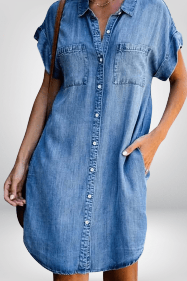 Relaxed Button Front Denim Shirt Dress with Short Sleeves and Pockets