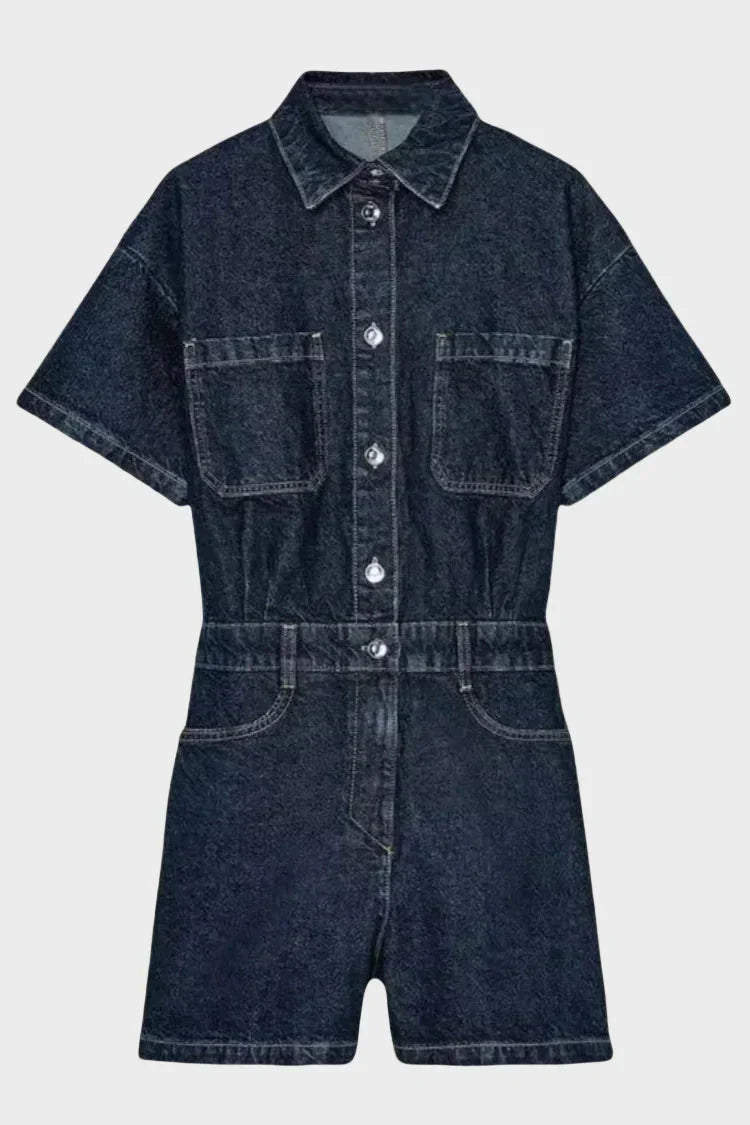Button Front Denim Utility Romper with Short Sleeves and Pockets