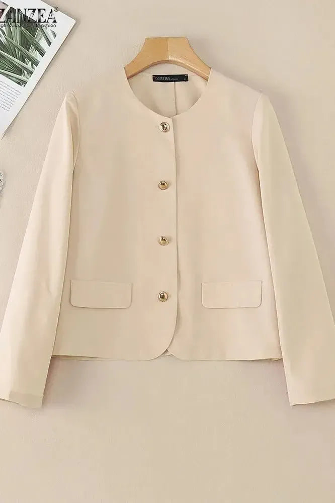 Cropped Tailored Blazer with Round Neck and Button Front