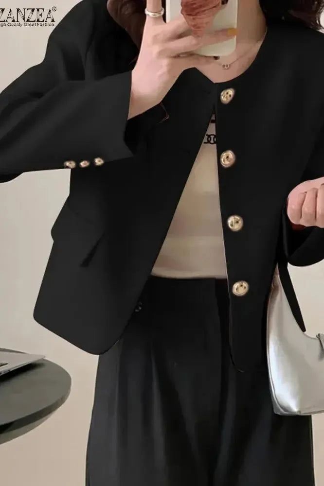 Cropped Tailored Blazer with Round Neck and Button Front
