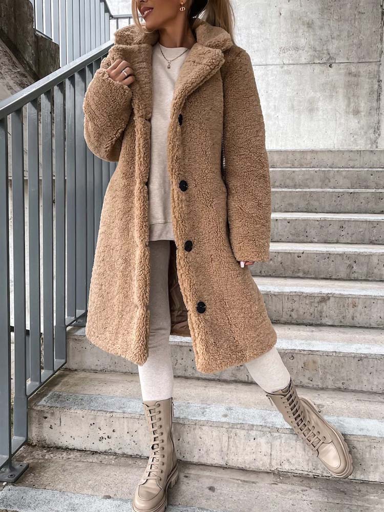 Long Teddy Wool Blend Coat with Button Closure