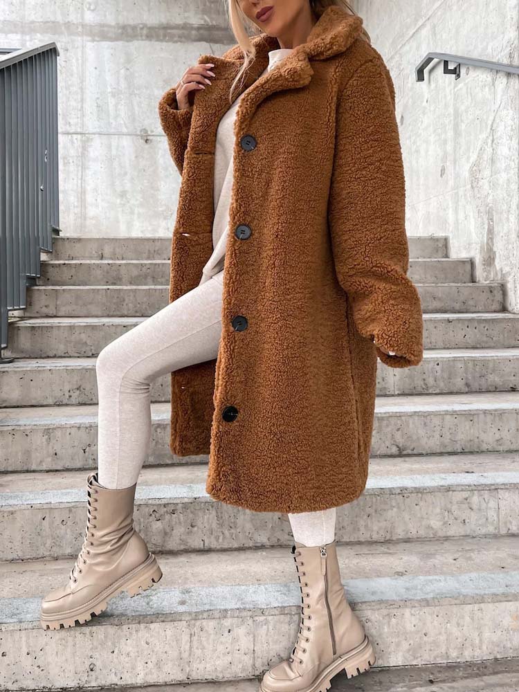 Long Teddy Wool Blend Coat with Button Closure