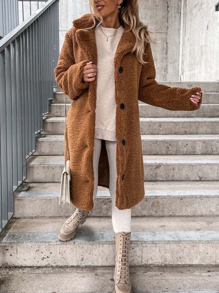 Long Teddy Wool Blend Coat with Button Closure
