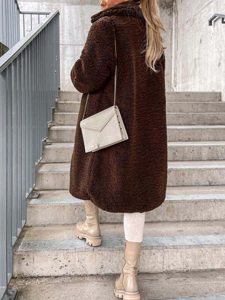 Long Teddy Wool Blend Coat with Button Closure