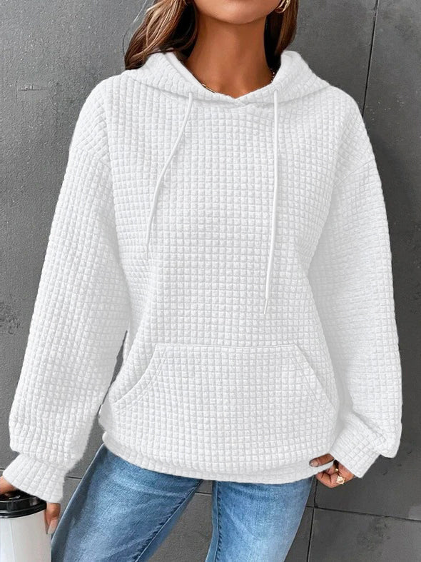 Soft Waffle-Knit Drawstring Hooded Pullover