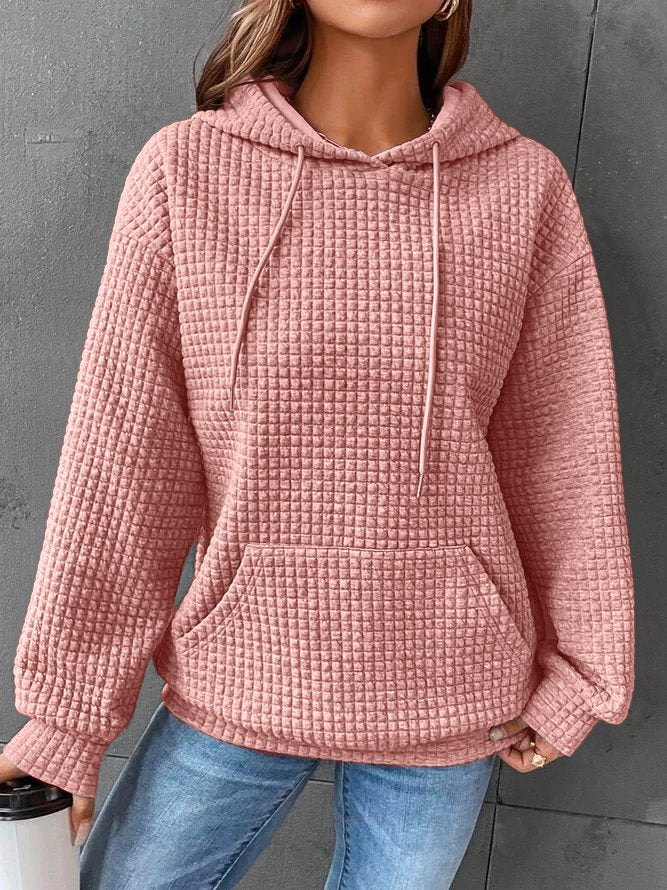 Soft Waffle-Knit Drawstring Hooded Pullover