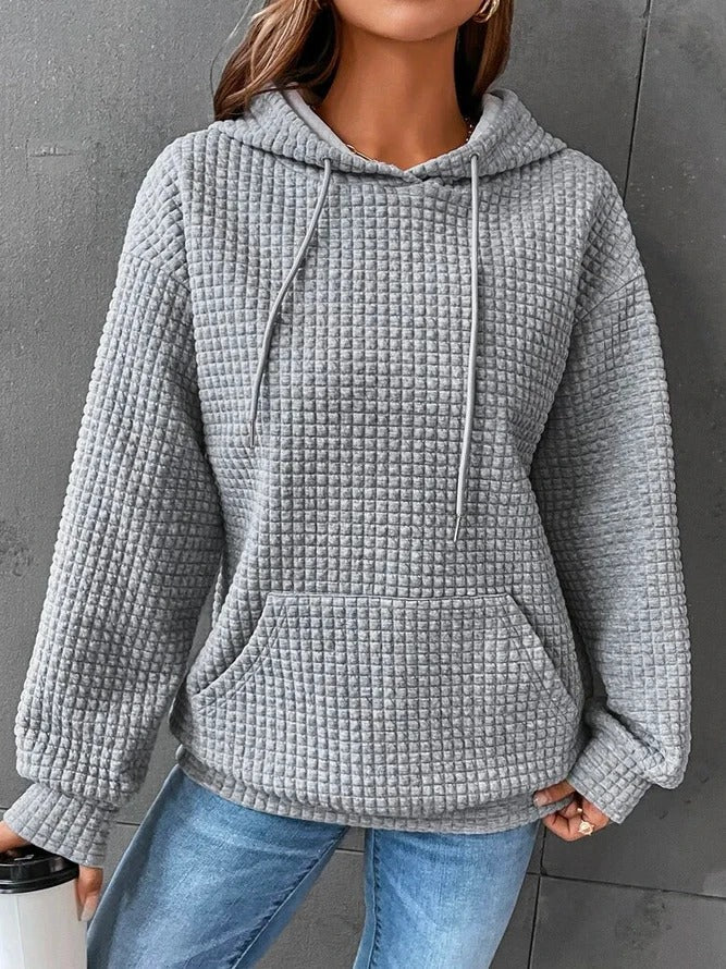 Soft Waffle-Knit Drawstring Hooded Pullover
