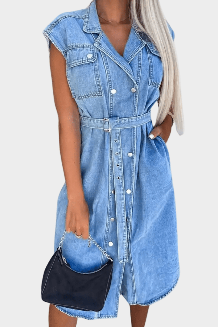 Sleeveless Button Front Denim Midi Dress with Belted Waist