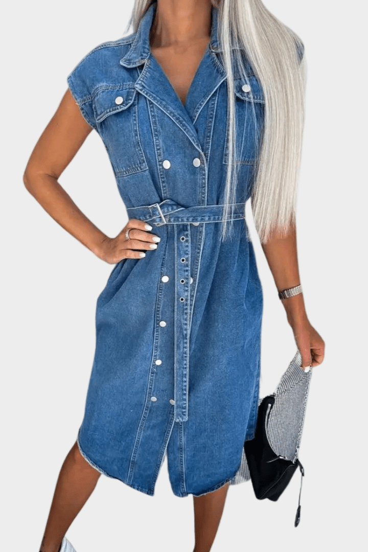 Sleeveless Button Front Denim Midi Dress with Belted Waist
