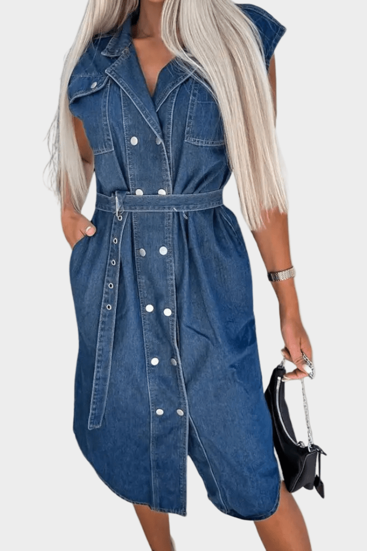 Sleeveless Button Front Denim Midi Dress with Belted Waist