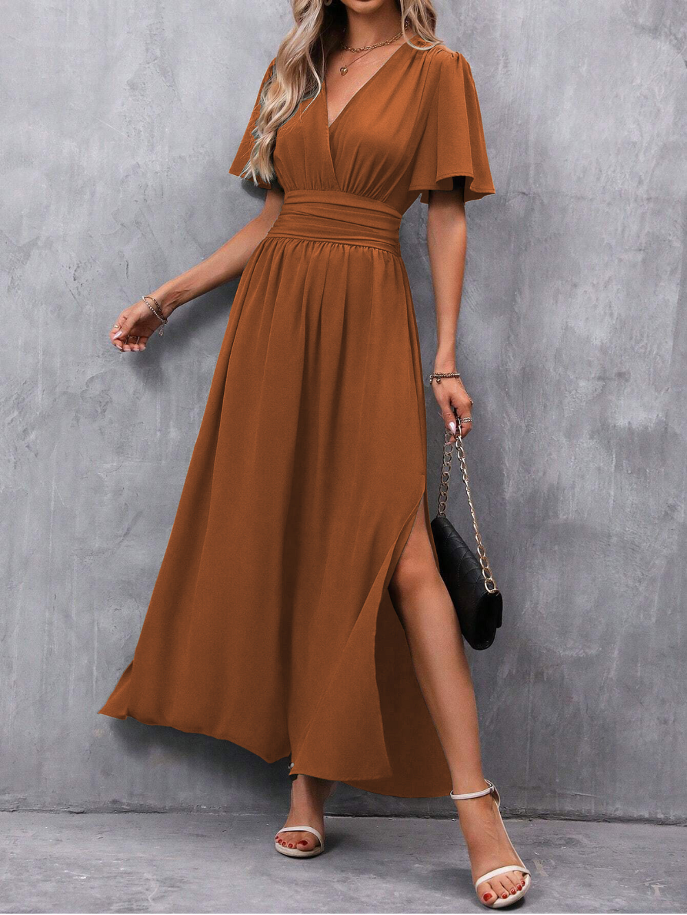 Elegant V-Neck Short Sleeve Slit Maxi Dress