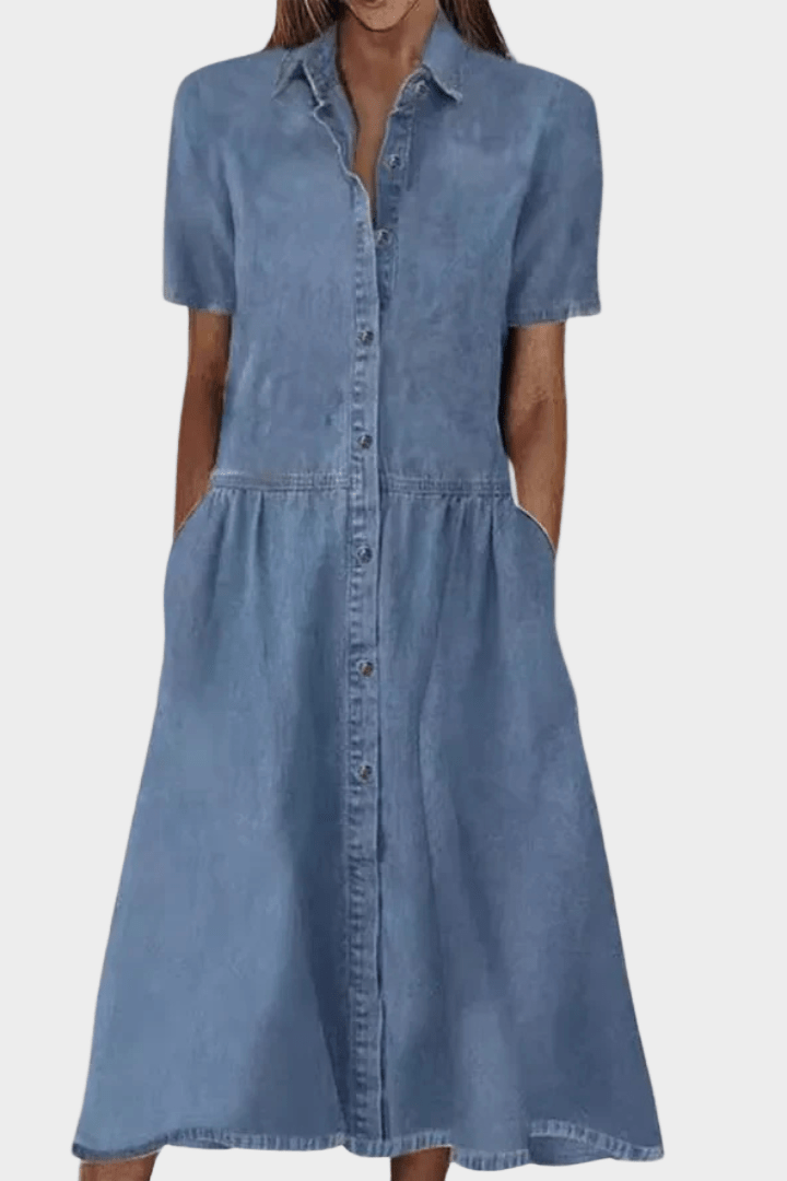 Button Front Denim Maxi Dress with Short Sleeves and Side Pockets