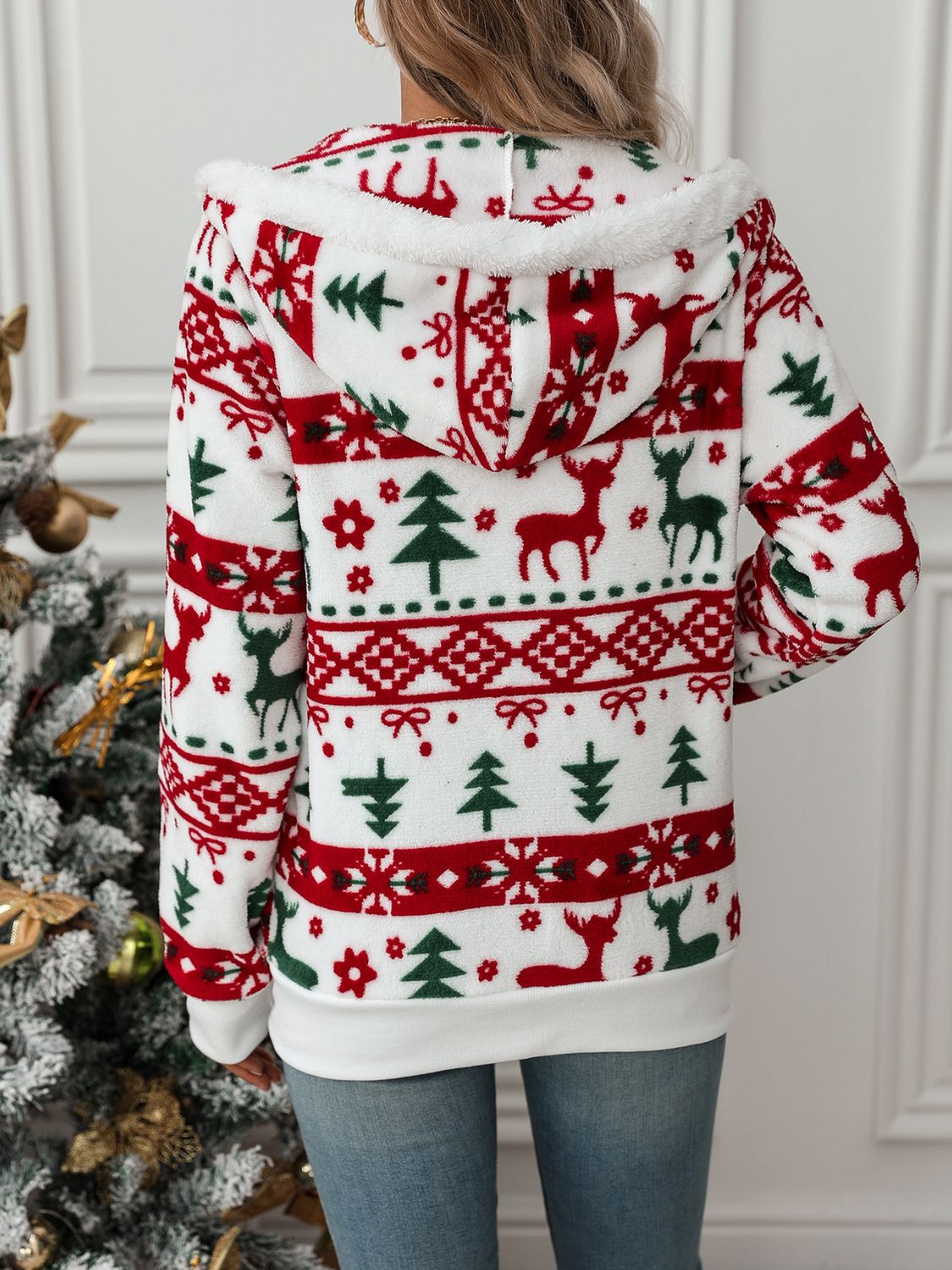 Christmas Reindeer Print Zip Hoodie